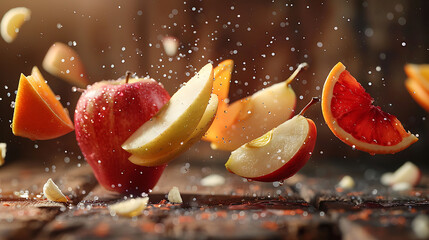  apple, pear, orange on a dark wood background, toning, selective Focus - obrazy, fototapety, plakaty