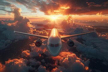 Aircraft travels through clouds in the sky at sunset