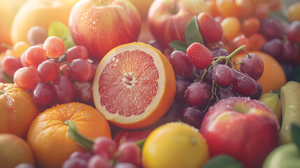  apple and orange, grapefruit and banana, grape and apricot healthy fruit background