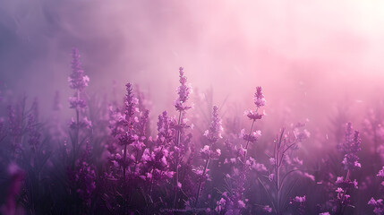 Vibrant violet flowers in a field under a magenta sky