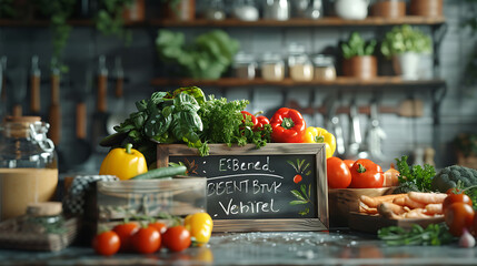 Fresh vegetables with chalky signs on grey kitchen table