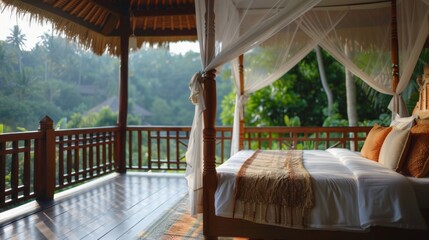 Sleep like royalty in this resort room equipped with a cozy canopy bed sound machine and a private balcony overlooking lush greenery. 2d flat cartoon.