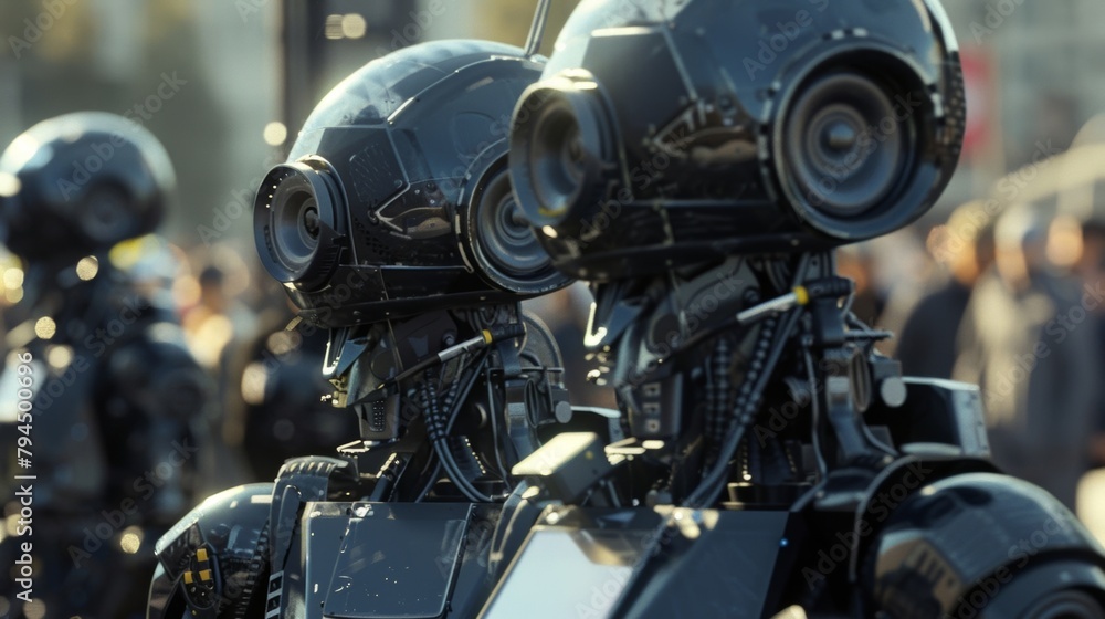 Poster the riot control robots are equipped with builtin speakers allowing them to broadcast orders and war