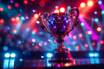 Colorful luxurious shiny Esports trophy surrounded with bright lights.