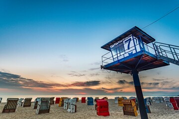 Beach chairs, lifeguard watchtower, Baltic Sea, Usedom Island, Mecklenburg-Western Pomerania, Germany, Europe