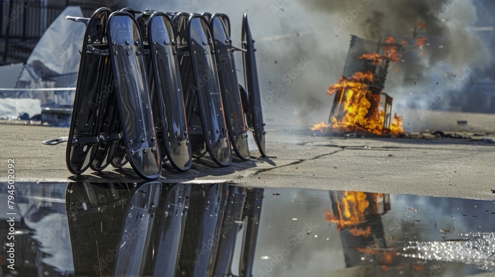 Poster a group of riot shields are stacked neatly on the ground with a reflection of a burning trash can in