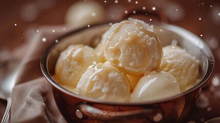 Ice cream balls in a cooper saucepan with caramel on brown background, Close up of sweet desert in freeze motion