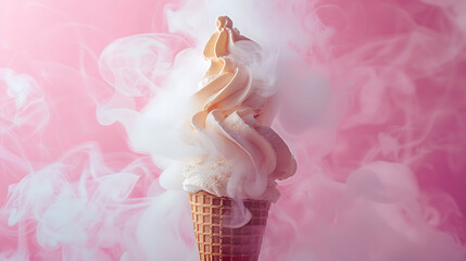 Ice cream cone and white smoke on pastel pink background, Flat lay, Minimal summer concept