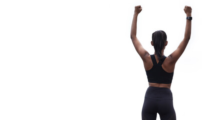 Woman, victory and champion for fitness or exercise with running and cardio on white background. Back view, workout and active with training for healthy living or wellness, winner and mockup space