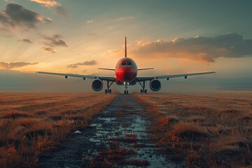 Airplane ascends from runway at sunset, painting the sky with vibrant colors - obrazy, fototapety, plakaty