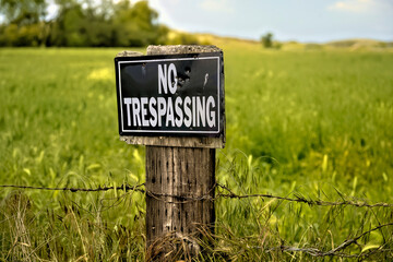 No trespassing sign on wooden post with barbed wire