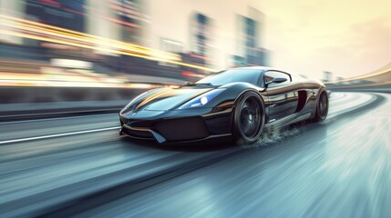 A blurred cityscape quickly passes by in the background as a sleek and modern sports car races down...
