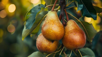 Close up macro photography of ripe pears on a tree branch with a lush garden background