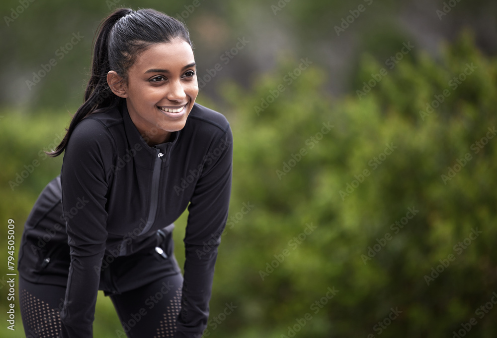 Canvas Prints Outdoor, woman and happy with running break for fitness or exercise in London. Cardio, workout and active with training for healthy living, wellness and morning run for wellbeing, smile and satisfied