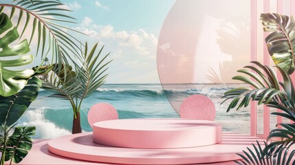Fototapeta premium 3d render podium scene with tropical beach background, summer vacation concept, mock up for product display presentation design, tropical leaves and ocean wave