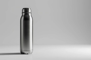 modern sleek stainless steel thermos bottle on minimalist white background 3d render