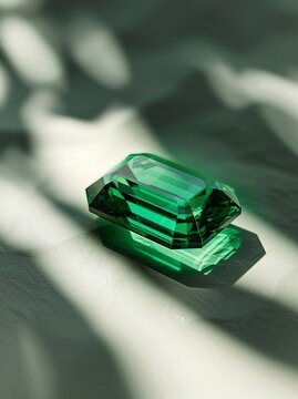 An emerald gemstone cut in a rectangular shape under natural lighting. Green cut emerald stone to be placed in jewelry.