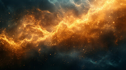 Golden and orange cosmic waves in an abstract scene, resembling a nebula