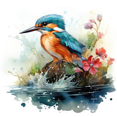 Watercolor king fisher bird catch the fish, clipart Illustration, Generative Ai