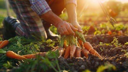 Gardener Harvesting Fresh Carrots in Vegetable Garden