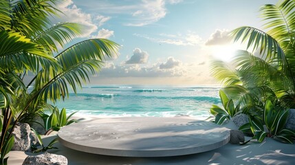 3d render tropical beach background with podium for product display summer scene with palm leaves and ocean view