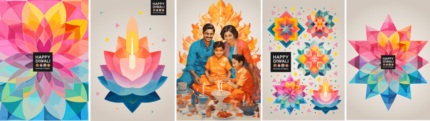 Happy Diwali. Festival of Lights. Vector modern geometric illustration of Indian family, flowers, light bulbs with candle, pattern for greeting card, background or poster.	
