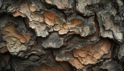 Rugged tree bark with deep grooves and unique patterns. A rich tapestry of brown and gray hues, perfect for nature-inspired designs. The 3D texture adds depth and organic beauty 🌳🌿✨ - obrazy, fototapety, plakaty