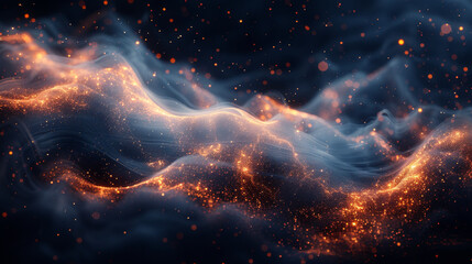 Flowing waves of golden particles on dark background, creating ethereal and shimmering effect. The...
