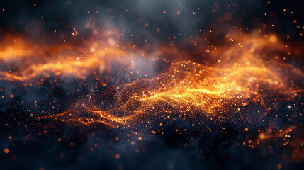 A mesmerizing scene with bright golden-orange particles forming wave-like patterns over a dark background