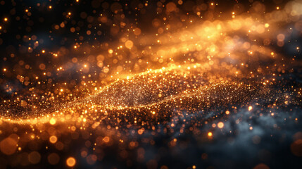 A vibrant scene depicting countless glowing golden particles creating a flowing wave-like pattern, against a dark background - obrazy, fototapety, plakaty