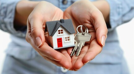 Person holding a set of keys and a small house model