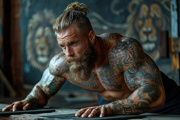 Tattooed Athlete With A Man-Bun Planking