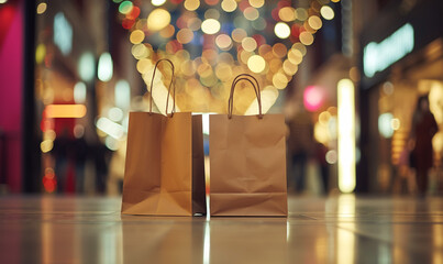 black friday in a shopping centre with two brown paper bags, in the style of bokeh - obrazy, fototapety, plakaty