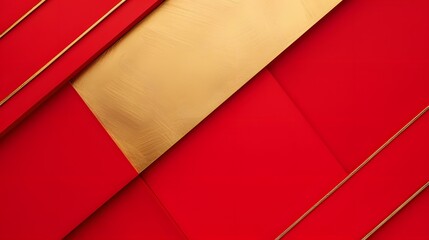 Visualize an abstract composition where luxurious diagonal gold lines elegantly overlap on a vibrant red background