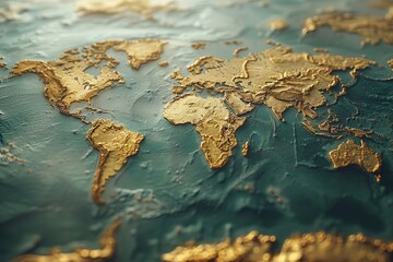 a close up of a map of the world made of gold