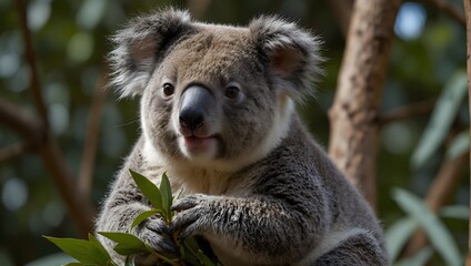  A koala perched on a tree branch, leisurely munching on leaves Generative AI