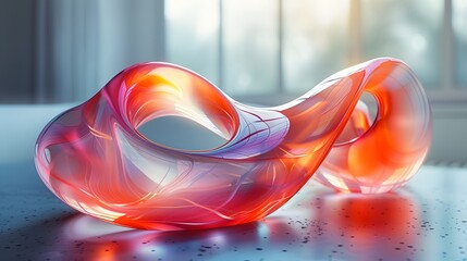 Vibrant Abstract Red and Orange Swirling Glass Sculpture on Reflective Surface with Sunlight