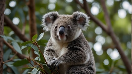 Fototapeta premium A koala perched on a tree branch, leisurely munching on leaves Generative AI