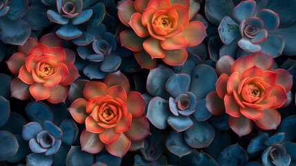 Close-up of vibrant red and blue succulent plants with a detailed view of petal patterns and color contrast