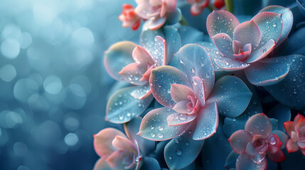 Close-up view of pink and blue succulents with water droplets, c