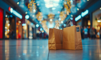 Brown shopping bags on floor front the mall store at night, business, retail, banner and sign concept