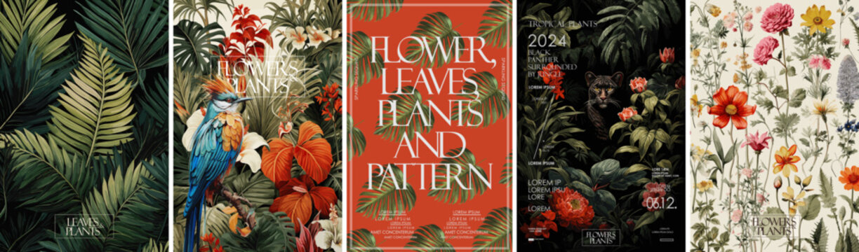 Flowers and leaves. Vector illustrations of fern, bird of paradise, black panther, palm leaf and other tropical plants for background, pattern or poster	
