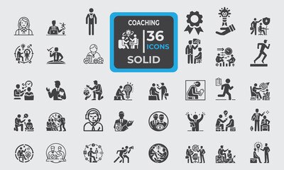 Set of 36 solid icons related to coaching, training. Solid fill icon collection. Editable stroke. Vector illustration