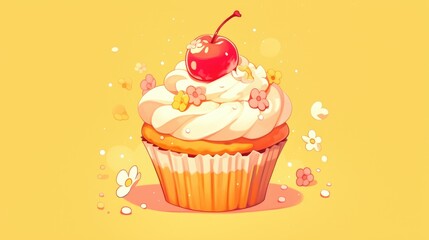A delightful cartoon rendering of a cupcake topped with a juicy cherry a sweet treat personified