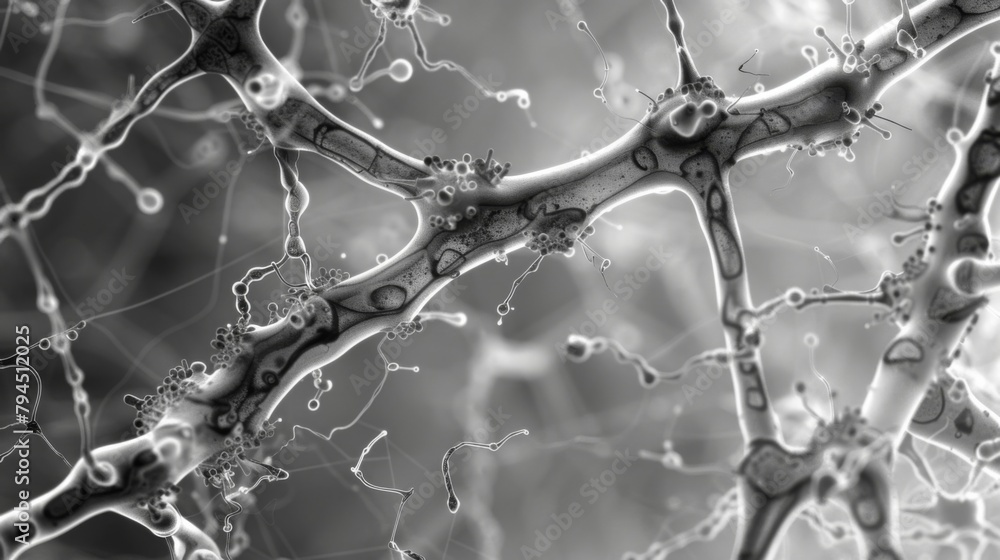 Poster a black and white microscopic image of several hyphae interconnected and intertwined shining a light