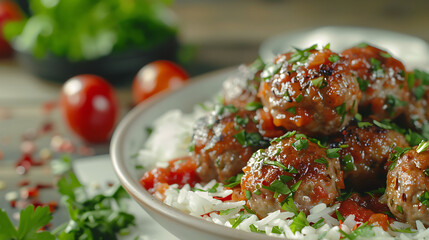 Traditional roasted meatballs with rice and tomato sauce - obrazy, fototapety, plakaty