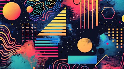 an 80s inspired poster background, featuring abstract illustrations and shapes, quirky neon artwork