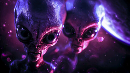 deux extraterrestre vus en gros plan, couleurs violettes