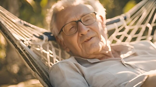 A Serene Escape: An Elderly Man Finds Tranquility in His Backyard Hammock with a Good Book