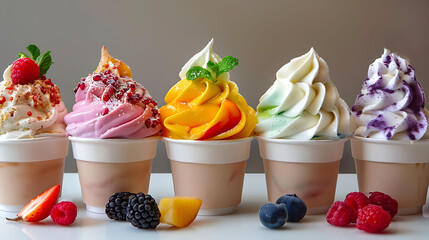 Various colorful ice cream sorts with fruits in paper cups 